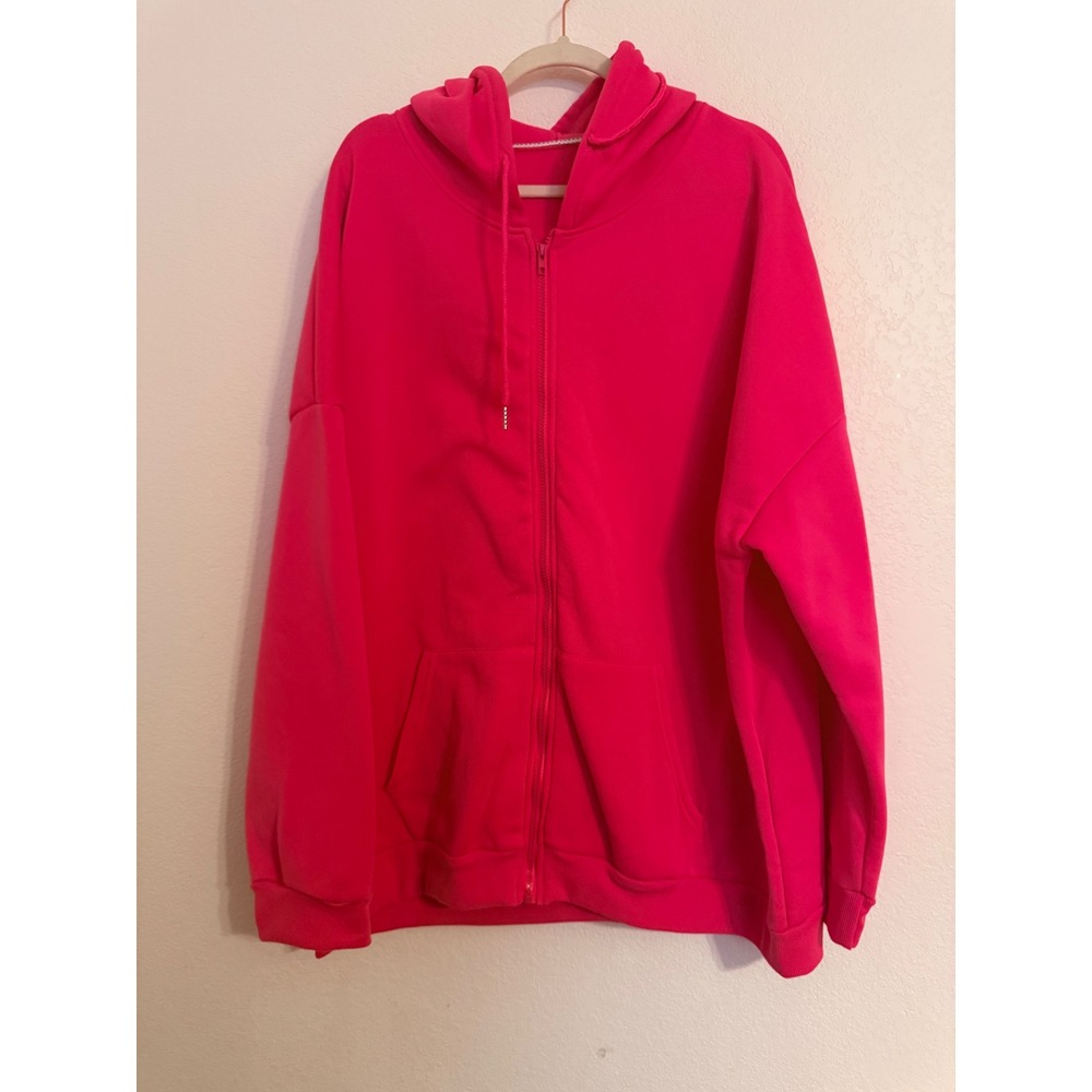 Womens Hot Pink Oversized Zip Up Hoodie Fleece Sweatshirt Jacket Plus Size 5X
